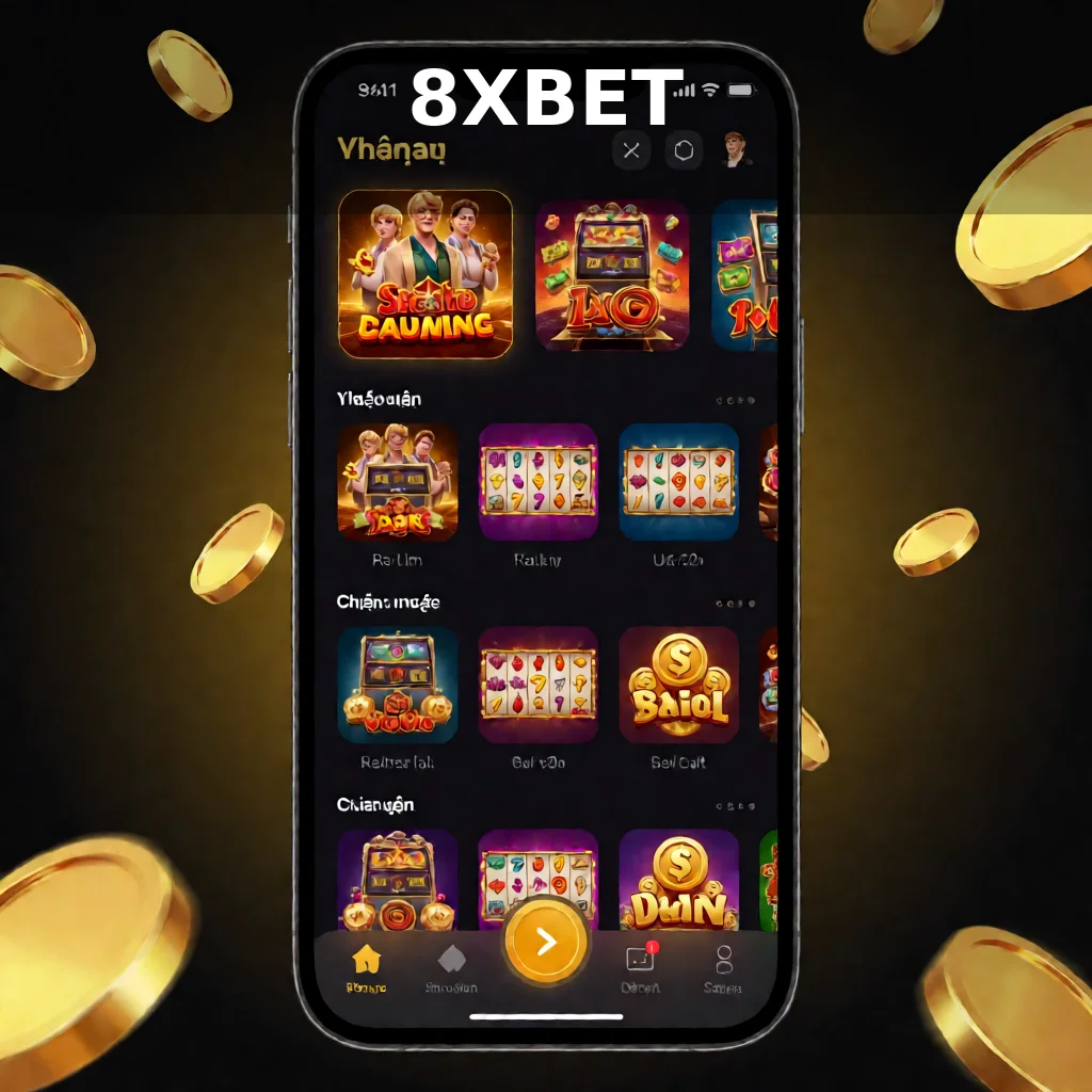Ảnh giao diện ứng dụng 8XBET trên điện thoại hiển thị đa dạng danh mục trò chơi và nút điều hướng trực quan